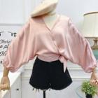 Dolman-sleeved Tie-waist Satin Top