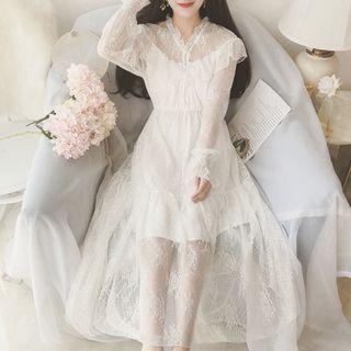 Ruffle Trim Long-sleeve Lace Midi A-line Dress White - One Size