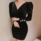 Dotted Puff-sleeve Mini Sheath Dress