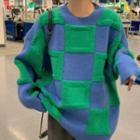 Round-neck Color Block Plaid Long-sleeve Sweater Bluish Green - One Size