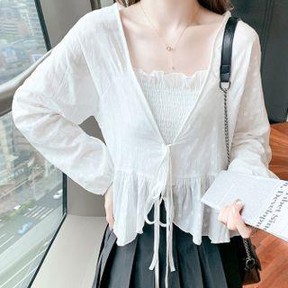 Set: Ruffle Trim Cropped Camisole Top + Tie-strap Light Jacket