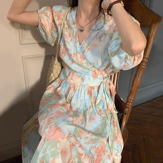 Short-sleeve Floral Midi A-line Dress Light Blue - One Size