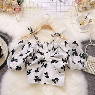 Cold-shoulder Bow Print Cropped Blouse