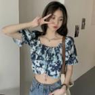 Short-sleeve Print Cropped Blouse Floral - Dark Blue - One Size