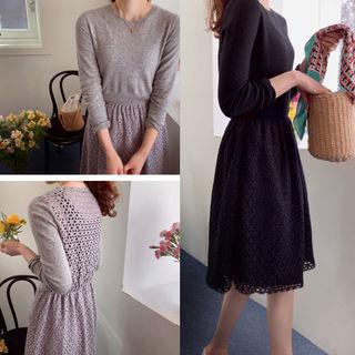Round-neck Perforated-panel A-line Dress