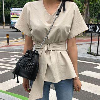 V-neck Short-sleeve Belted Blouse Almond - One Size