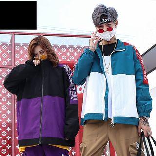 Plus Size Couple Matching Color Block Zip Jacket
