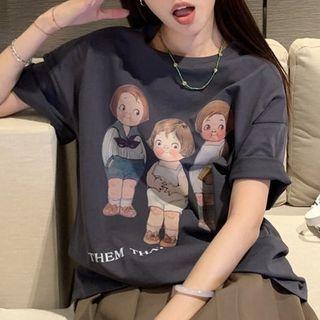 Short-sleeve Cartoon Print T-shirt T-shirt - Gray - One Size