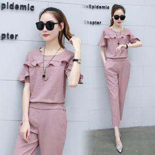 Set: Striped Friil Trim Short Sleeve Top + Cropped Pants