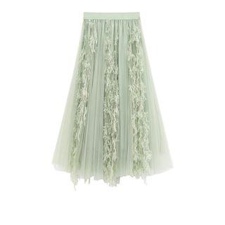 Mesh Overlay Midi Skirt Light Green - One Size