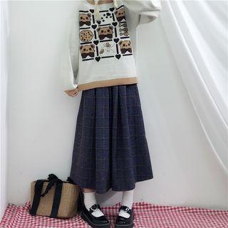Plaid A-line Midi Skirt Dark Blue - One Size