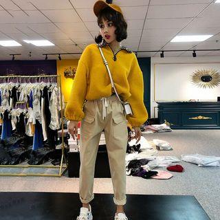 Leopard Print Panel Furry Sweatshirt / Cropped Corduroy Pants / Set