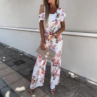 Floral Print Off-shoulder Short Sleeve Jumpsuit