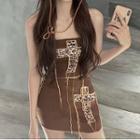Set: Leopard Print Cross Tube Top + Mini Skirt Set - Coffee - One Size