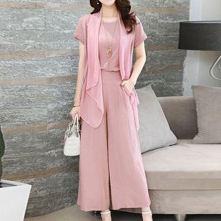 Set: Sleeveless Top + Short-sleeve Light Jacket + Wide Leg Pants