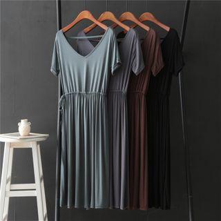 Short-sleeve V-neck Drawstring-waist Midi A-line Dress