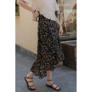 Floral Print Irregular A-line Midi Skirt