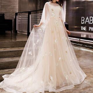 Sheer Bell Sleeve Embroidered Evening Gown