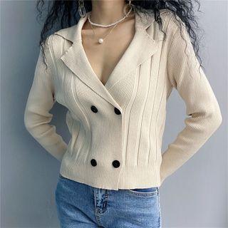 Plain Striped Knit Long-sleeve Top Almond - One Size