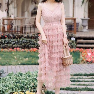 Spaghetti Strap Sequined Midi A-line Layered Mesh Dress