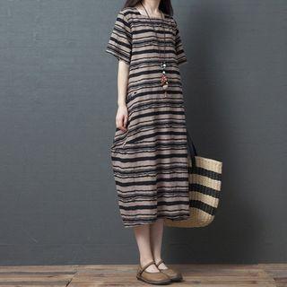 Striped Elbow-sleeve Midi Shift Dress