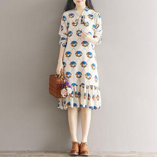 Printed Ruffle Hem Long Sleeve Chiffon Dress