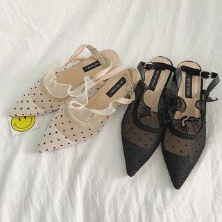 Dotted Mesh Pointed Slingback Block Heel Pumps