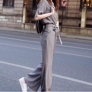 Set: Pinstriped Short-sleeve Shirt + Wide Leg Pants