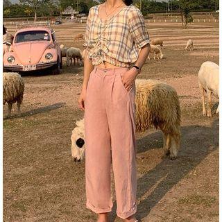 Ruffle Plaid Elbow-sleeve Top / Plain Straight-cut Pants