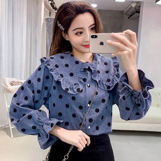 Long-sleeve Polka Dot Frill Trim Corduroy Shirt