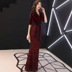 Elbow Sleeve V-neck Velvet Panel Fringed Evening Gown