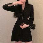 Slim-fit Long-sleeve A-line Dress Black - One Size