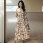 Flower Print Cold-shoulder Bell-sleeve Midi A-line Dress