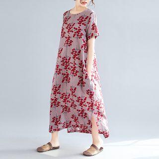 Flower Print Short-sleeve Midi Shift Dress As Shown In Figure - One Size