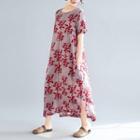 Flower Print Short-sleeve Midi Shift Dress As Shown In Figure - One Size