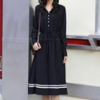 Striped Long-sleeve Midi A-line Dress Black - One Size