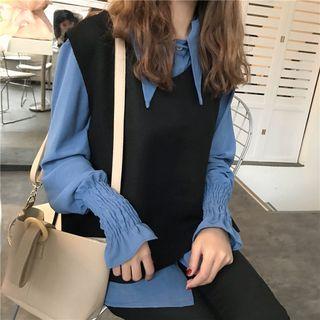 Plaid Flared-cuff Shirt / V-neck Knit Vest