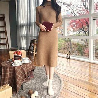 Turtle-neck Ribbed Knit Dress Beige - One Size