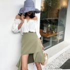 Set: Plain Off-shoulder Blouse + Irregular High-waist Skirt