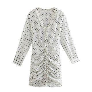 Long-sleeve V-neck Dotted Frill Trim Mini Dress