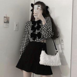 Bow Gingham Blouse / A-line Skirt
