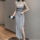 Sleeveless V-neck Striped Slit Maxi Sheath Dress