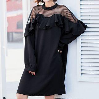 Mesh Panel Frilled Long-sleeve T-shirt Dress