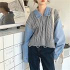 Long-sleeve Mock Two-piece Denim Panel Knit Loose-fit Shirt