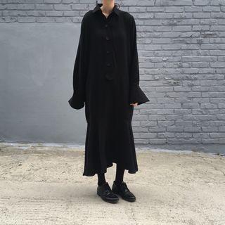 Long-sleeve Buttoned Asymmetric Midi Dress Black - One Size