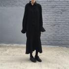 Long-sleeve Buttoned Asymmetric Midi Dress Black - One Size