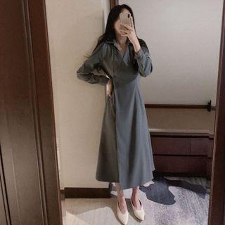 Long-sleeve Open-collar Button-up Wrap Midi A-line Dress