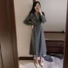 Long-sleeve Open-collar Button-up Wrap Midi A-line Dress
