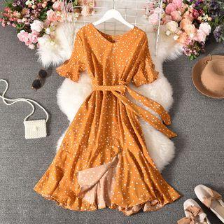 Short-sleeve Dot Print A-line Dress