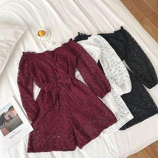 Plain Lace Off-shoulder Long-sleeve Jumper Pants